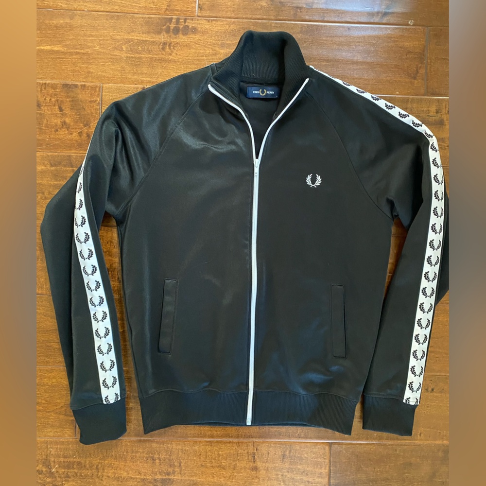 Fred Perry Black Track Jacket with White Logo Accents. Made in Portugal. S